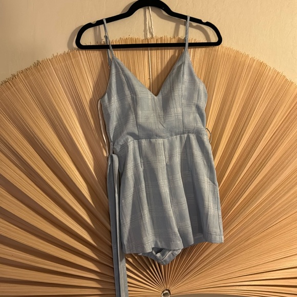 Cynthia Tie Front Romper in Light Blue Plaid - Picture 4 of 6